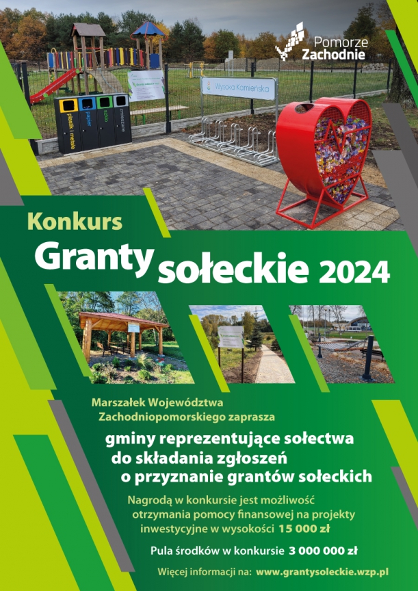 Plakat konkursu „Granty Sołeckie 2024” na którym widoczne są place zabaw, wiaty i alejki